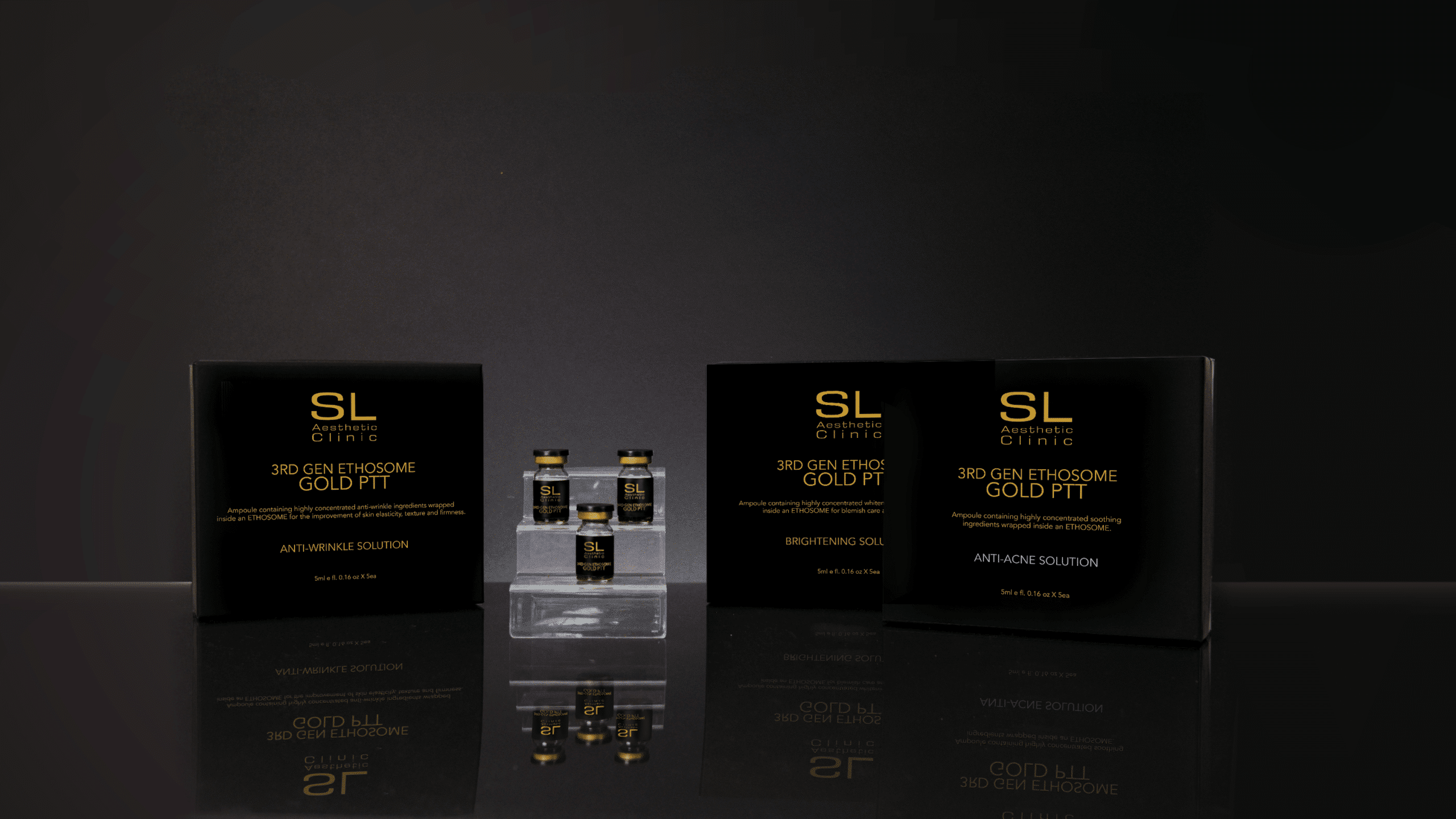 3rd Generation Ethosome Gold PTT skincare product line: an image featuring three products - Anti-Wrinkle Solution, Brightening Solution, and Anti-Acne Solution - formulated with 3rd Generation Ethosome Gold PTT technology for enhanced efficacy, deep skin penetration, and targeted results.