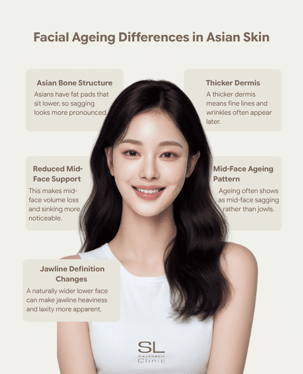 Diagram that explains why Asians age differently, patients may want to consider the use of Botox